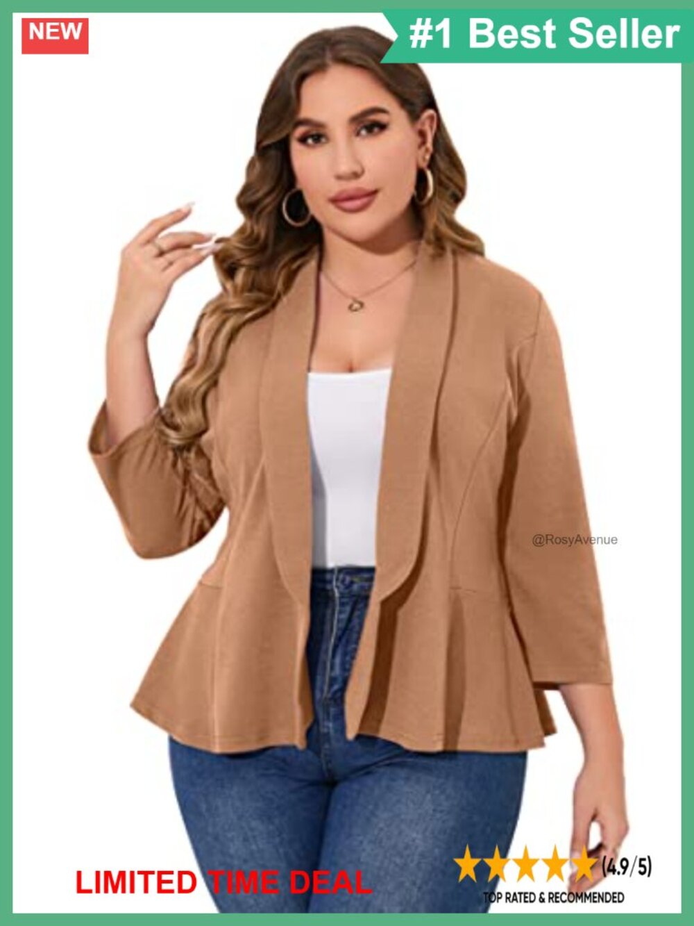 Plus Size Blazer Jacket 3/4 Sleeve Shawl Collar Business Casual Tunic